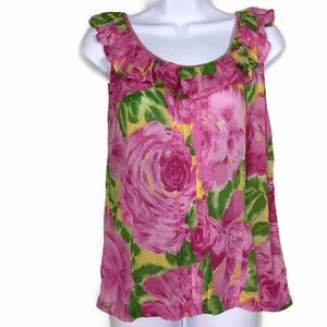 Vintage Pink Rose Print Sleeveless Ruffled Top